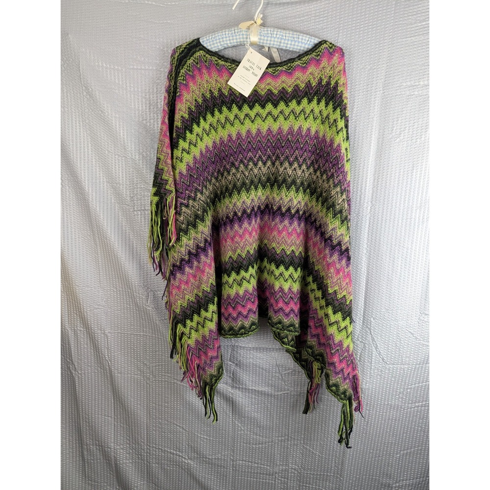 Vintage 70s Loomskill Chevron Zigzag Knit Poncho Fringe Pink Green Purple NWT